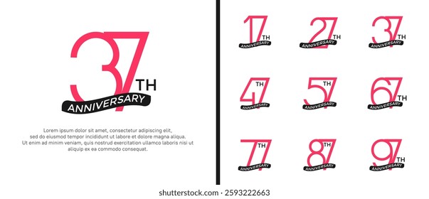 set of anniversary logo pink color and black ribbon on white background for celebration moment