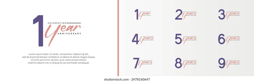 set of anniversary logo purple color number and pink text on white background for celebration