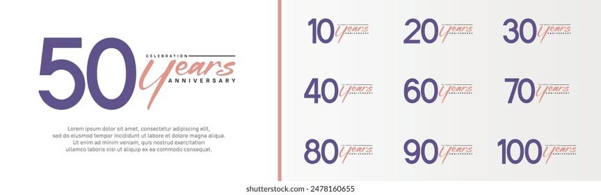set of anniversary logo purple color number and pink text on white background for celebration