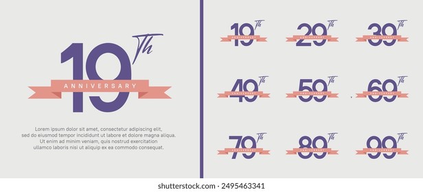 set of anniversary logo purple color number and pink ribbon on white background for celebration