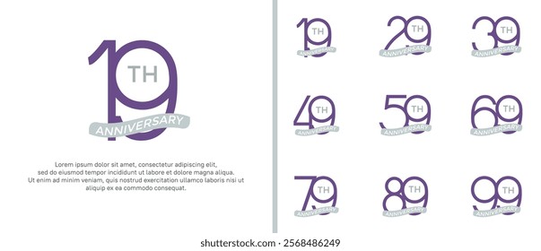 set of anniversary logo purple color and gray ribbon on white background for celebration moment