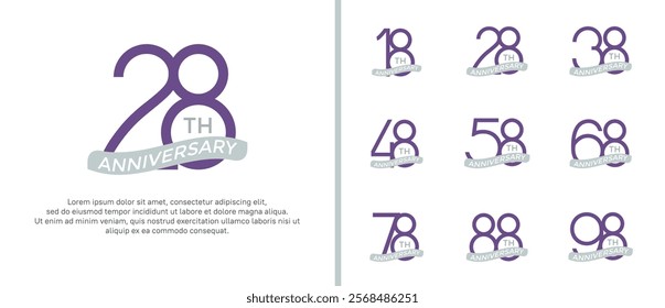 set of anniversary logo purple color and gray ribbon on white background for celebration moment