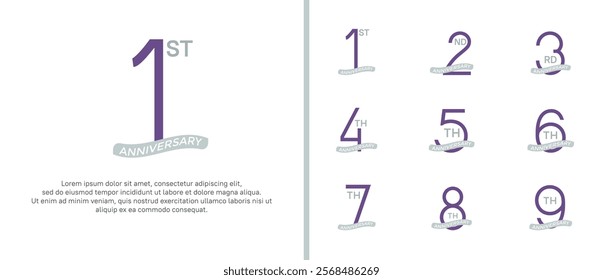 set of anniversary logo purple color and gray ribbon on white background for celebration moment