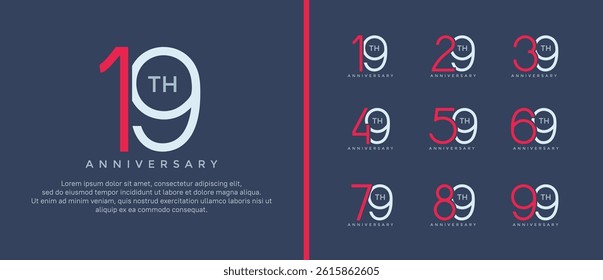 set of anniversary logo red and blue color on blue background for celebration moment