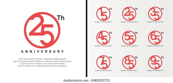 set of anniversary logo red color number in circle and black text on white background for celebration