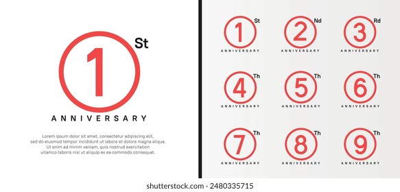 set of anniversary logo red color number in circle and black text on white background for celebration
