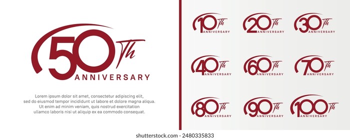 set of anniversary logo red color number and swoosh on white background for celebration