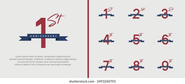 set of anniversary logo red color number and blue ribbon on white background for celebration