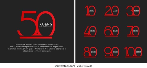 set of anniversary logo red color on black background for celebration moment