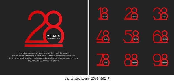 set of anniversary logo red color on black background for celebration moment