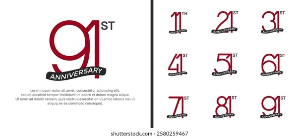 set of anniversary logo red color and black ribbon on white background for celebration moment