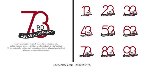set of anniversary logo red color and black ribbon on white background for celebration moment