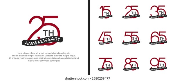 set of anniversary logo red color and black ribbon on white background for celebration moment