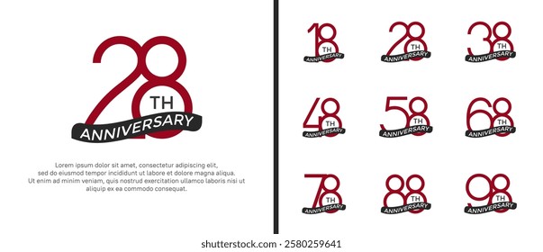 set of anniversary logo red color and black ribbon on white background for celebration moment