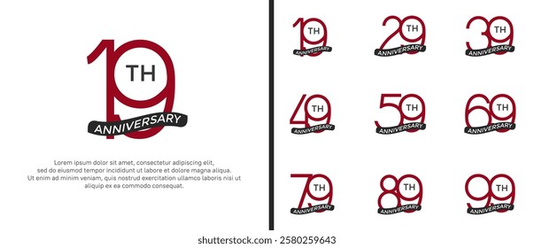 set of anniversary logo red color and black ribbon on white background for celebration moment