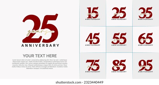 set of anniversary logo with red number and golden handwriting text can be use for celebration