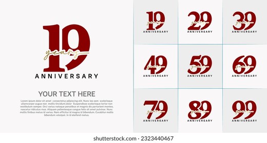 conjunto de logotipo de aniversario con número rojo y texto de escritura a mano dorado se puede usar para celebración