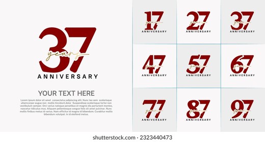 set of anniversary logo with red number and golden handwriting text can be use for celebration