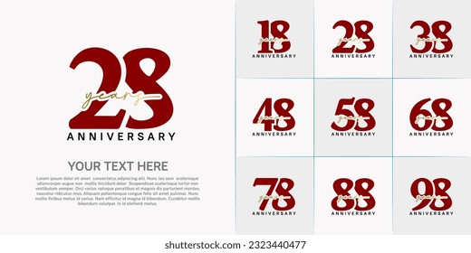 conjunto de logotipo de aniversario con número rojo y texto de escritura a mano dorado se puede usar para celebración
