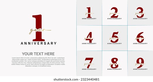 conjunto de logotipo de aniversario con número rojo y texto de escritura a mano dorado se puede usar para celebración