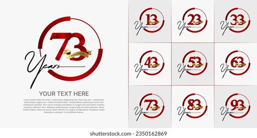set of anniversary logo with red number in circle and golden ribbon can be use for celebration