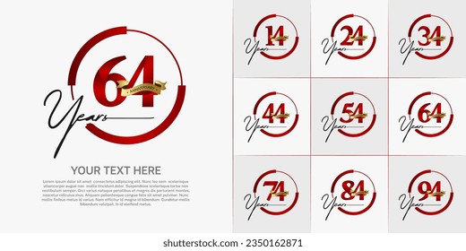 set of anniversary logo with red number in circle and golden ribbon can be use for celebration