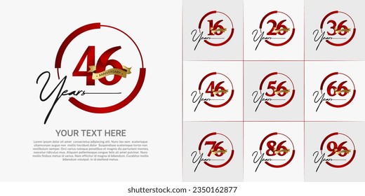 set of anniversary logo with red number in circle and golden ribbon can be use for celebration