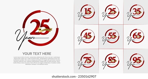 set of anniversary logo with red number in circle and golden ribbon can be use for celebration