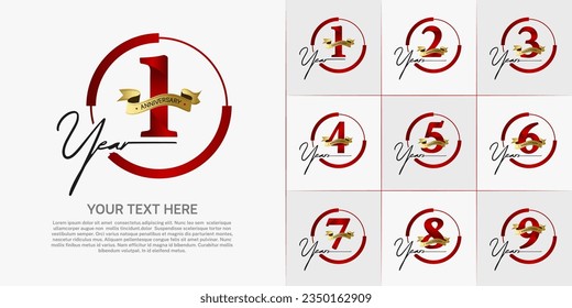 set of anniversary logo with red number in circle and golden ribbon can be use for celebration