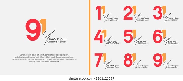 conjunto de logo de aniversario color rojo y naranja sobre fondo blanco para momento de celebración