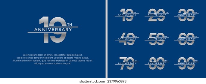 conjunto de logotipo de aniversario color de plata sobre fondo azul para momento de celebración