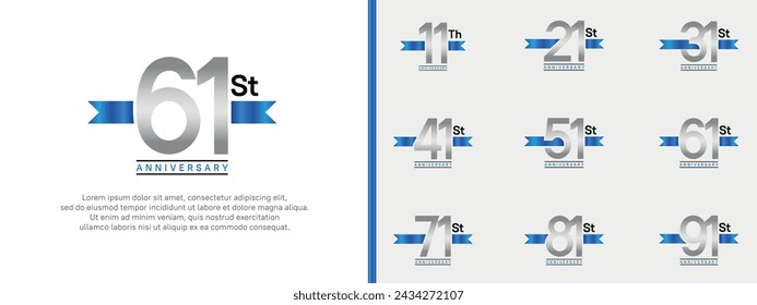 set of anniversary logo silver color number and blue ribbon on white background for celebration