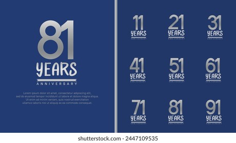 set of anniversary logo silver color number on blue background for celebration