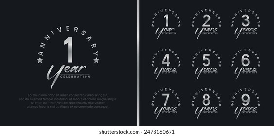 set of anniversary logo silver color number and silver text on black background for celebration