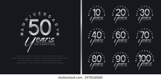 set of anniversary logo silver color number and silver text on black background for celebration