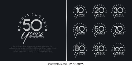 set of anniversary logo silver color number and silver text on black background for celebration