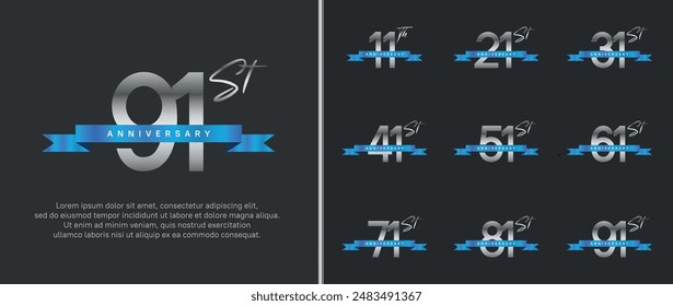set of anniversary logo silver color number and blue ribbon on black background for celebration