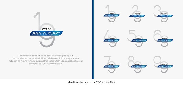 set of anniversary logo silver color and blue ribbon on white background for celebration moment