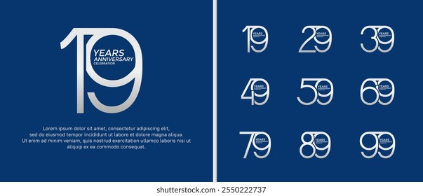 set of anniversary logo silver color on blue background for celebration moment