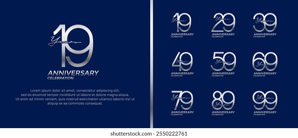 set of anniversary logo silver color on blue background for celebration moment