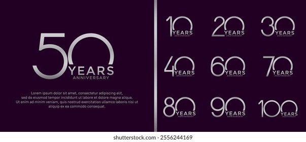 set of anniversary logo silver color on dark purple background for celebration moment