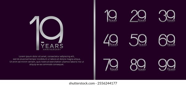 set of anniversary logo silver color on dark purple background for celebration moment