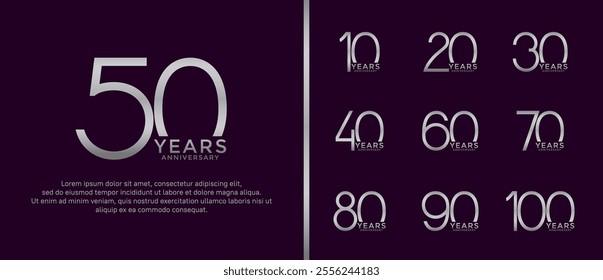 set of anniversary logo silver color on dark purple background for celebration moment