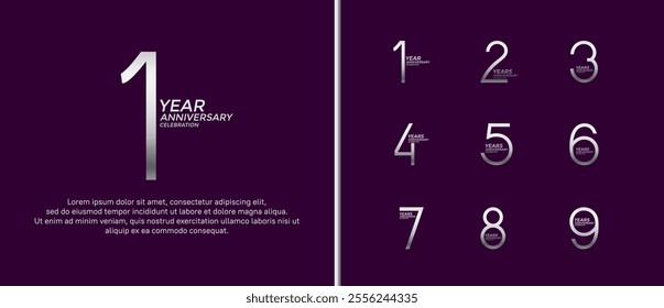 set of anniversary logo silver color on purple background for celebration moment