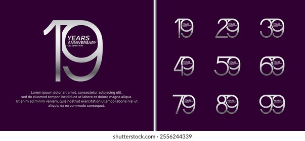 set of anniversary logo silver color on purple background for celebration moment