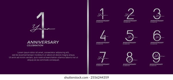 set of anniversary logo silver color on purple background for celebration moment