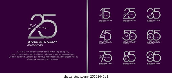 set of anniversary logo silver color on purple background for celebration moment