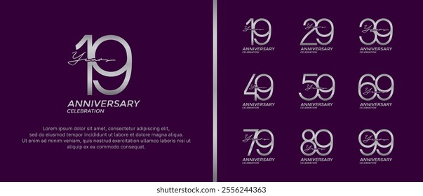 set of anniversary logo silver color on purple background for celebration moment