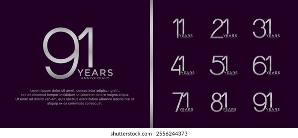 set of anniversary logo silver color on dark purple background for celebration moment