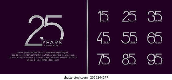 set of anniversary logo silver color on dark purple background for celebration moment